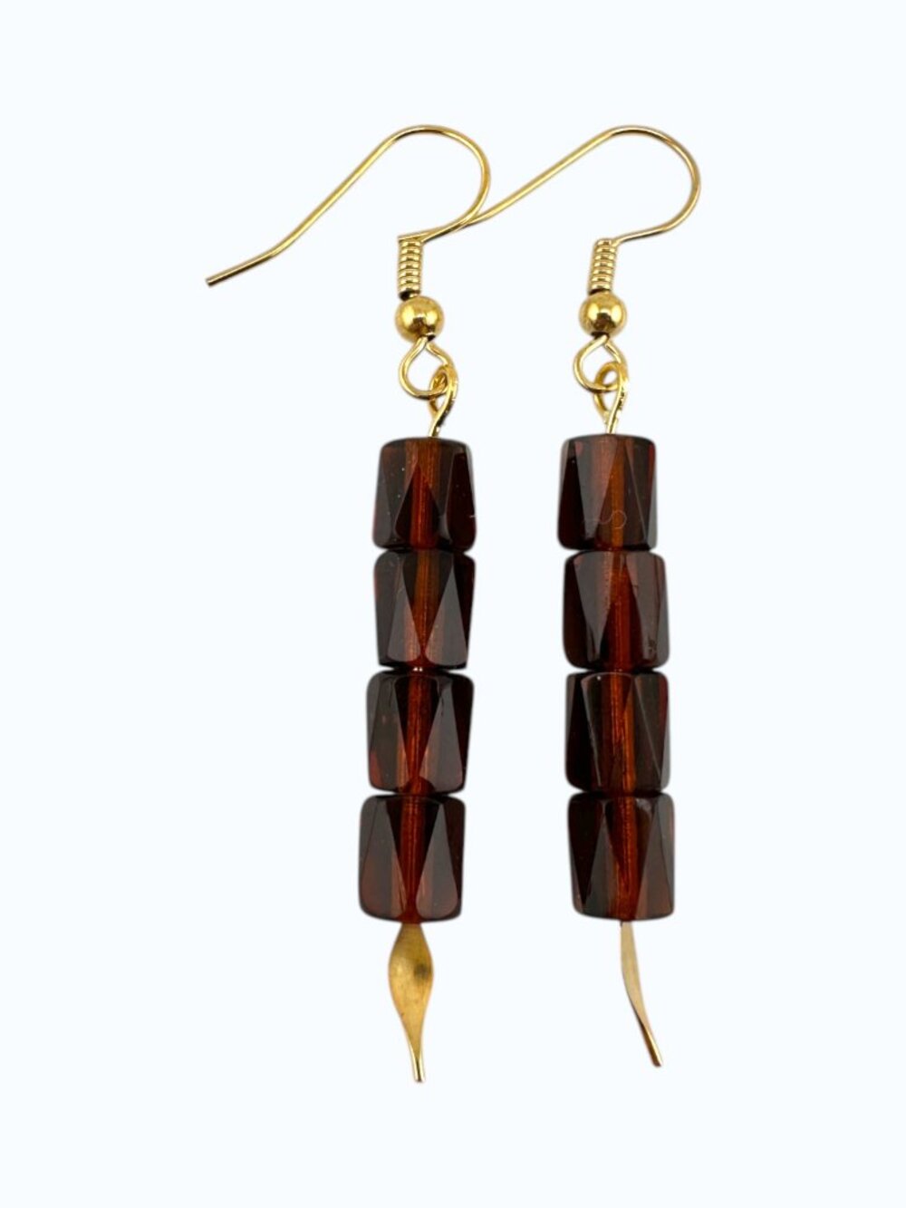 Dark Topaz Dangle Earrings | Faceted Czech Glass Barrel Beads | Gold Plated